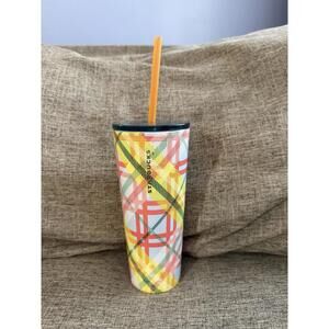 2019 Starbucks Tumbler Blue Yellow Plaid Print Stainless Steel Cold Cup 20 oz